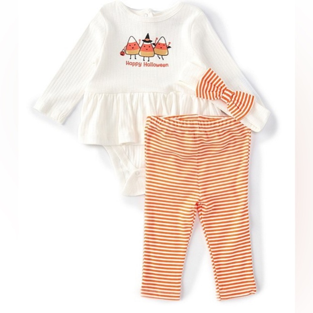 Baby Girls Happy Halloween Candycorn Skirted Bodysuit & Striped Leggings Set
